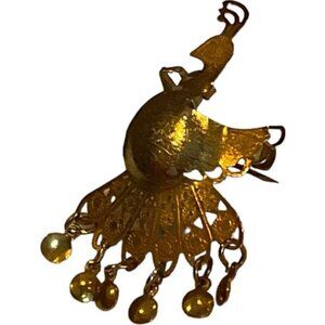 Vintage Gold-Tone Peacock Brooch With Dangling Charms & Intricate Design